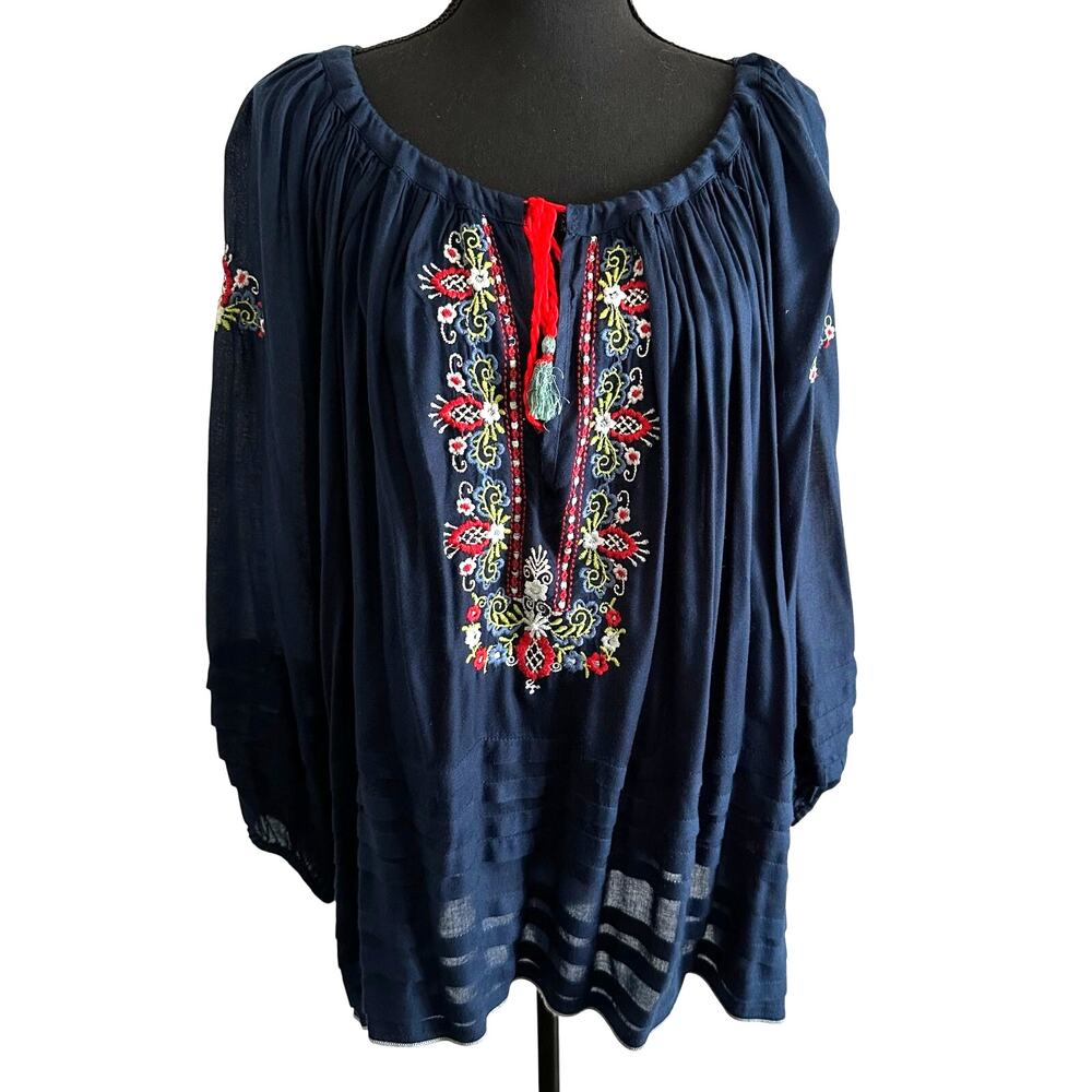 Kyla Seo - Bohemian Oversized Embroidered Navy Blouse - Extra Large